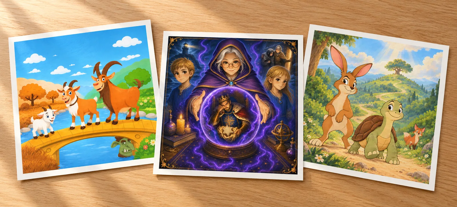 Cover illustrations for The Three Billy Goats Gruff, The Fablemancer and the Star Stone, and The Hare and the Tortoise, arranged as three art prints on a wooden table.