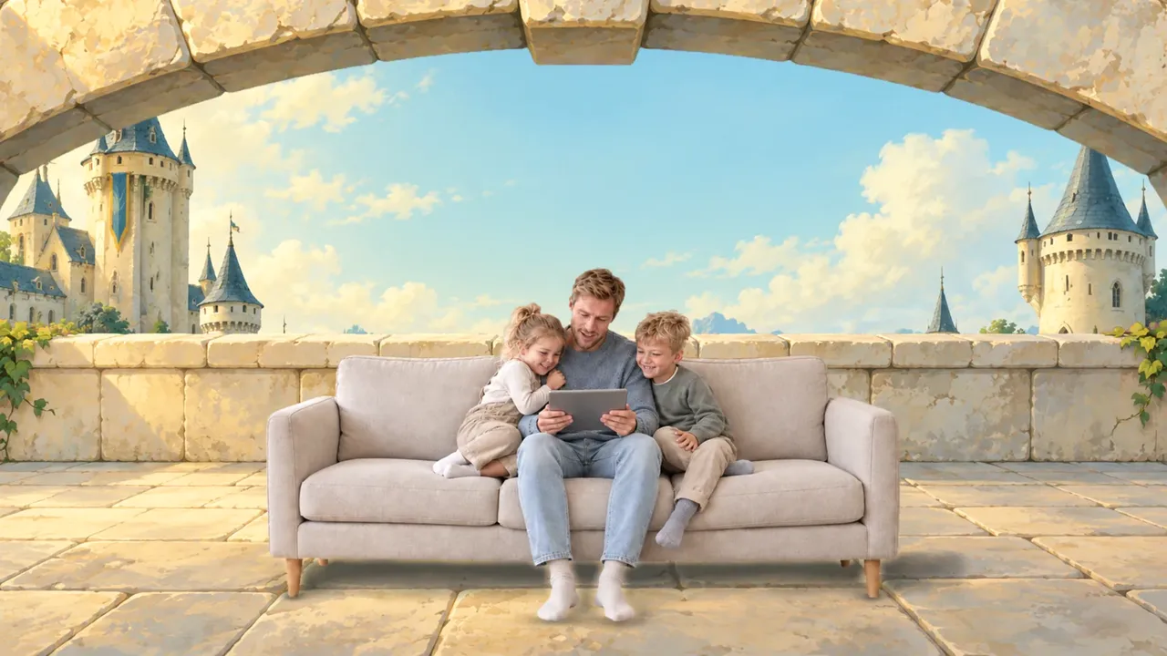 The family and sofa sit in a storybook castle courtyard beneath a stone arch.