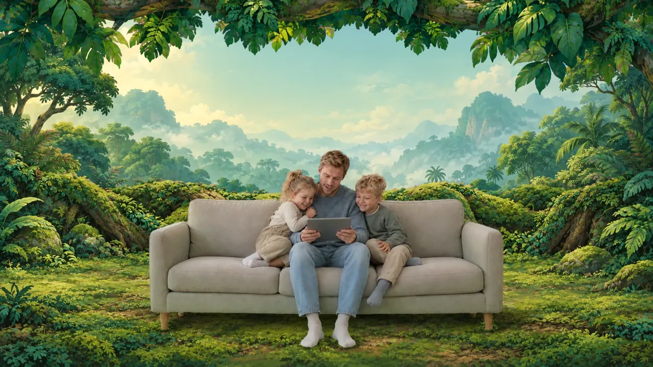 The same family reads on their sofa in a painted jungle, surrounded by moss, ferns and an overhead canopy.