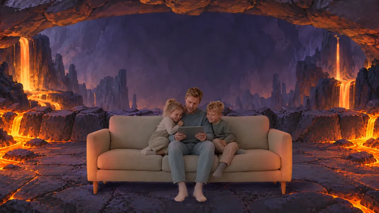The family reads on a rocky island inside a storybook volcano, lit by warm lava beneath a basalt arch.